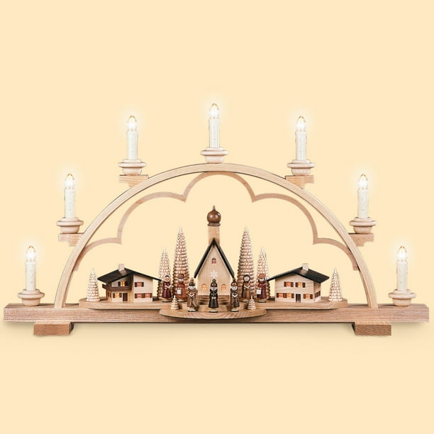 German candle arch Alp village, length 64 cm / 25 inch, natural, electrical illuminated (230V