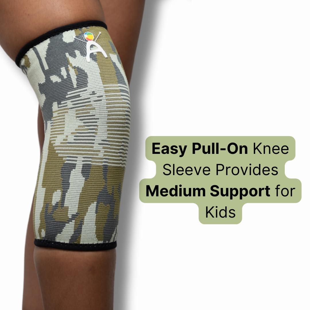 Kids Knee Brace Sleeve – Youth Knee Compression Support for Children | Knee Pain Relief & Sports Use – Boys & Girls Sizes for Basketball, Gymnastics, & Everyday Wear (1, Green Camouflage, Small)