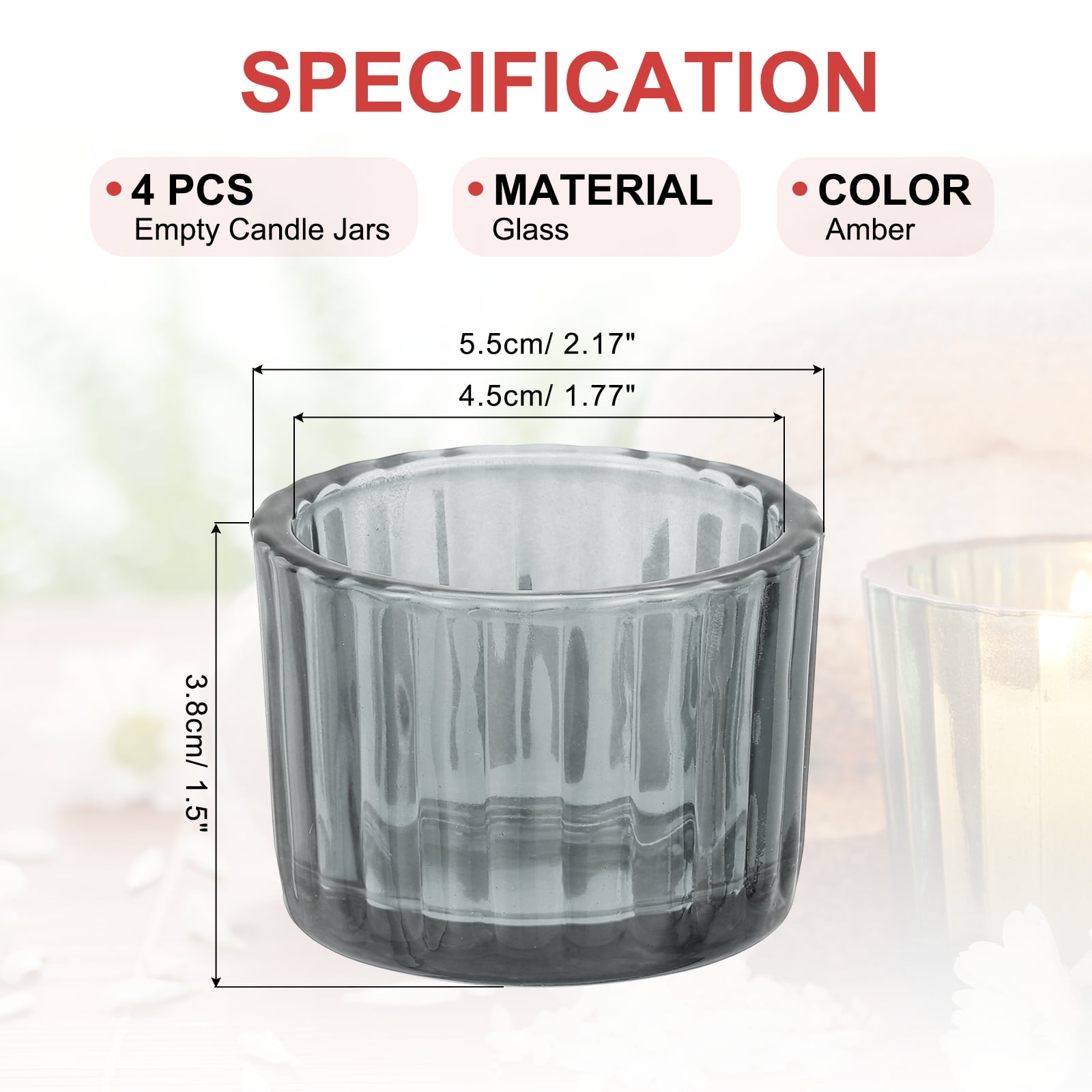 Uxcell Glass Empty Candle Jars, 4 Pcs Ribbed Candle Containers for Candle Making, DIY Gifts, Home Decor, Storage, Amber