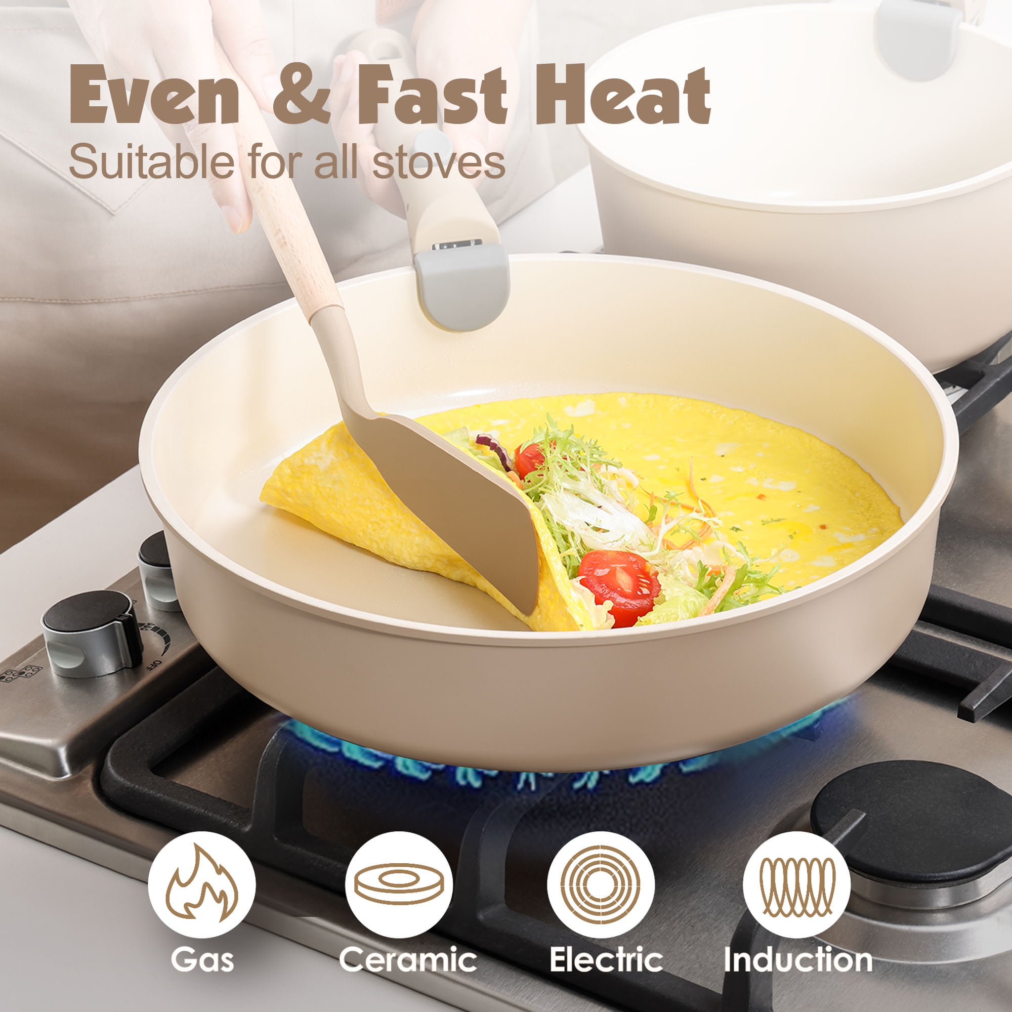 SENSARTE 18-Piece Ceramic Cookware Set with Detachable Handle, Almond Beige Nonstick Pots and Pans Set,Induction Compatible, Dishwasher/Oven Safe, Healthy Cooking Set for RV & Camping