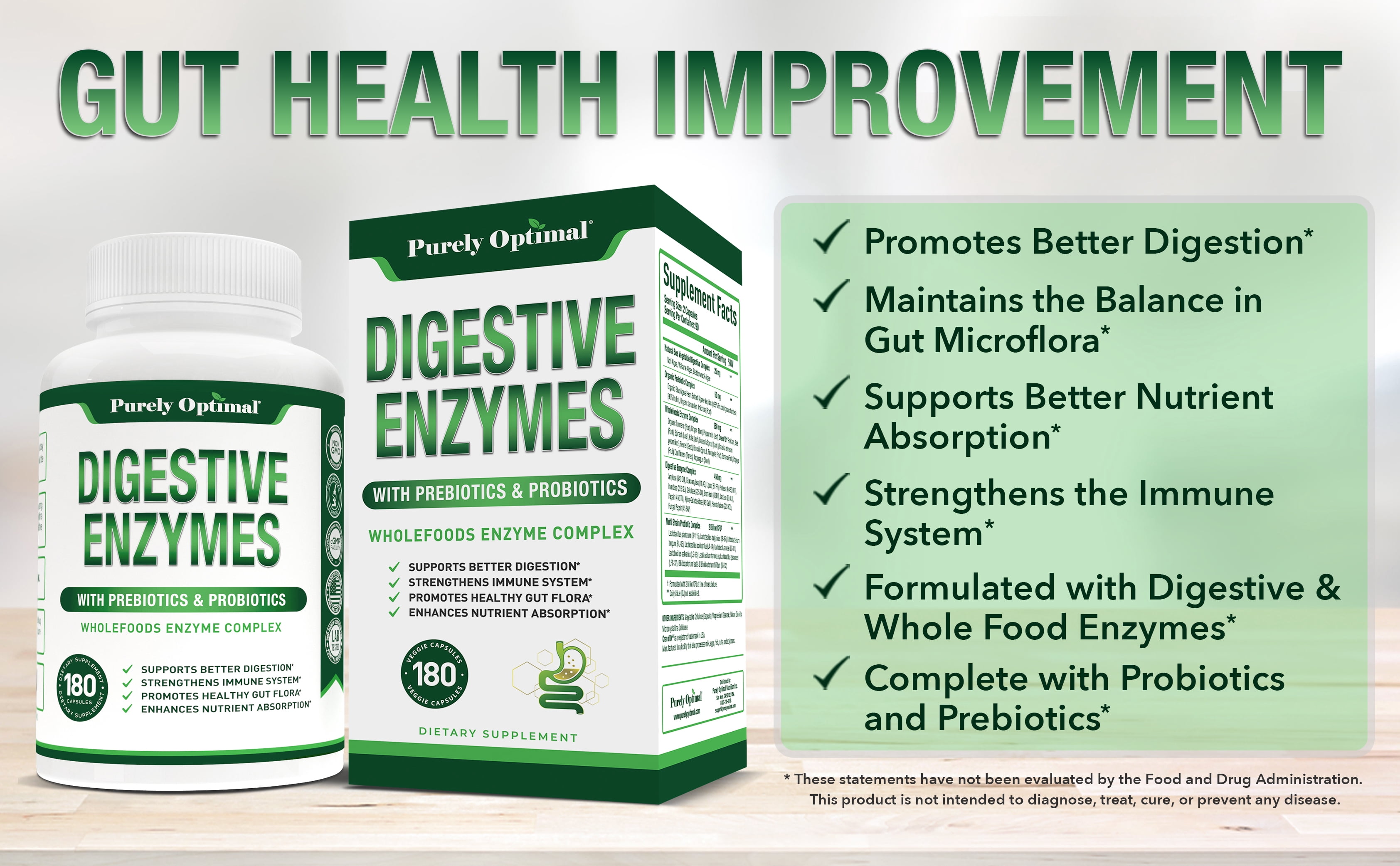Purely Optimal Digestive Enzymes with Probiotics and Prebiotics 12 Enzymes 180 Capsules