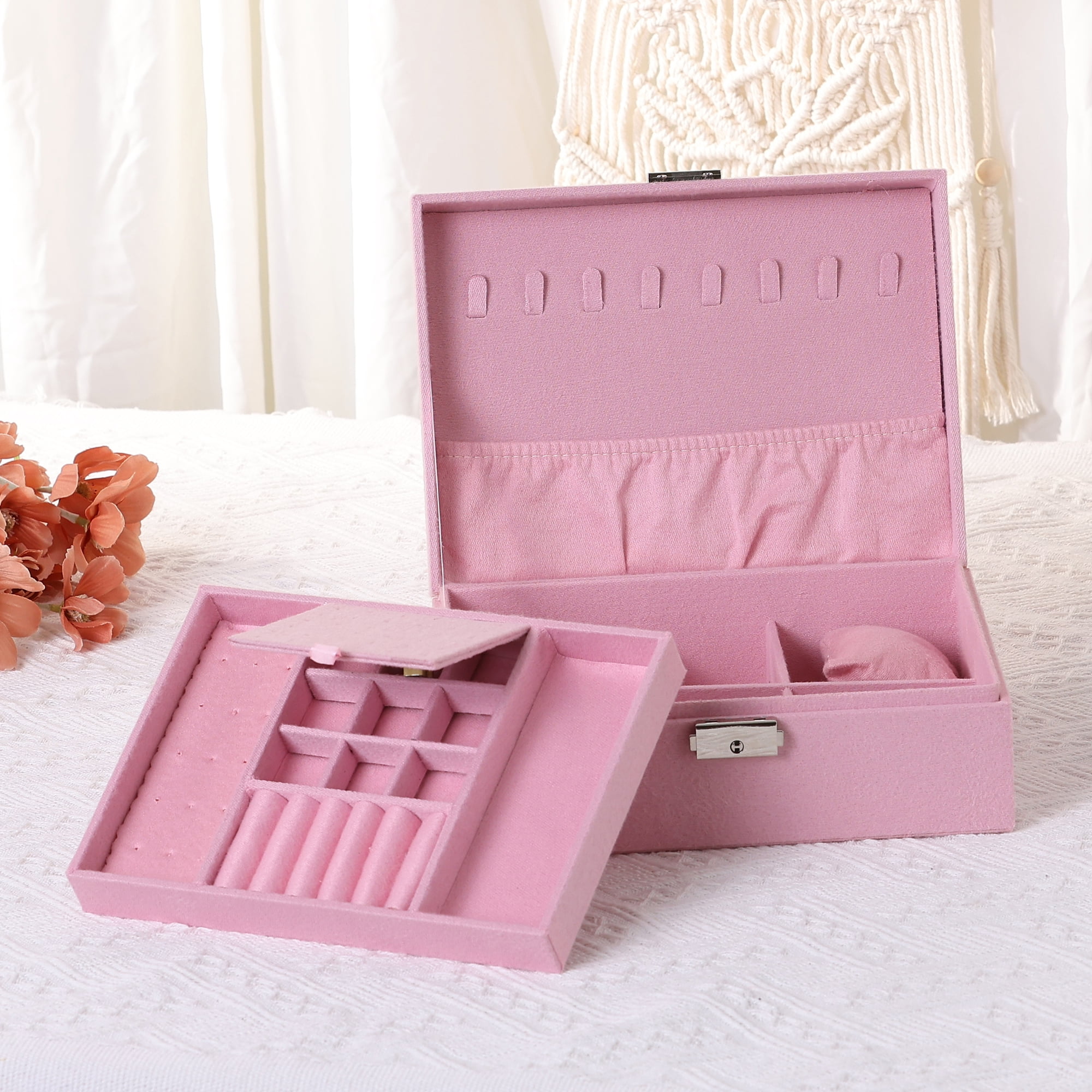 Unique Bargains Velvet Jewelry Box Organizer 2 Layer Jewelry Display Storage Holder Pink