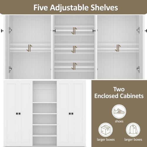 78.7" H Hall Tree with Bench and 5 Storage Cubbies, Modern Entryway Organizer Cabinet with 4 Doors, 5 Drawers, Adjustable Shelves, MDF, Metal Handles, for Hallway, Living Room, White