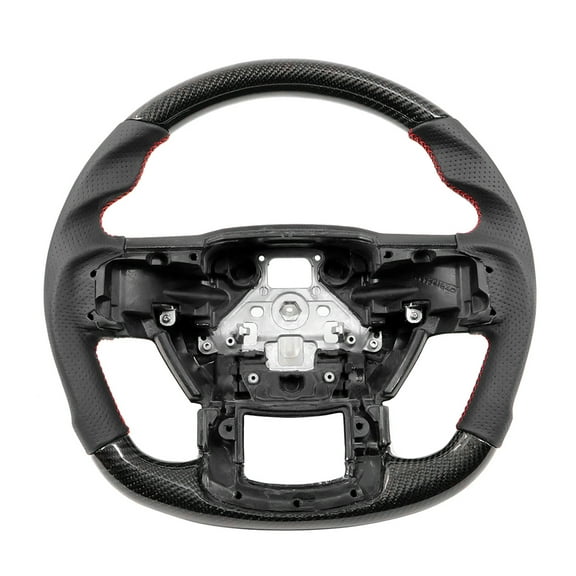 Ikon Motorsports Steering Wheel Compatible With 2015-2020 Ford F-150 2017-2022 F250 F350 F450 F550 Super Duty, Real Carbon Fiber   Perforated Leather With Red Stitch Steering Wheel