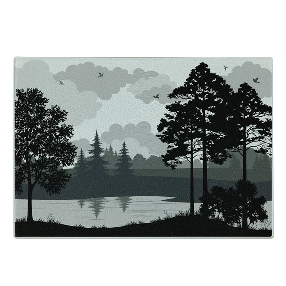 Lake Forest Cutting Board, Forest Tree River and Flying Bird Silhouettes Landscape, Decorative Tempered Glass Cutting and Serving Board, in 3 Sizes, by Ambesonne