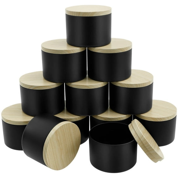 Keyohome 12Pcs Candle Tins with Wood Grain Lids,8oz Black Matte Jars for Candle Making,Empty Metal Container,Multipurpose DIY Container With Lid for Storing Tea Coffee Spice