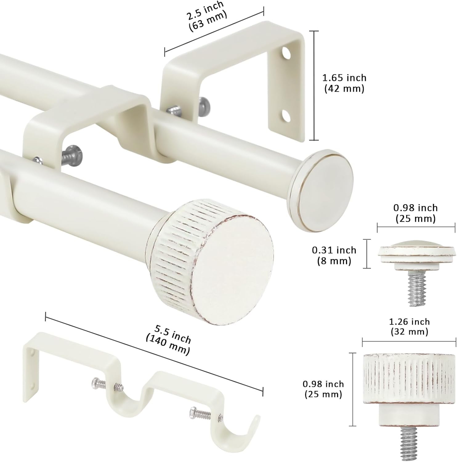 eTeckram 5/8" Double Curtain Rod with Bouton Finials,Weathered White,84‘’-120‘’