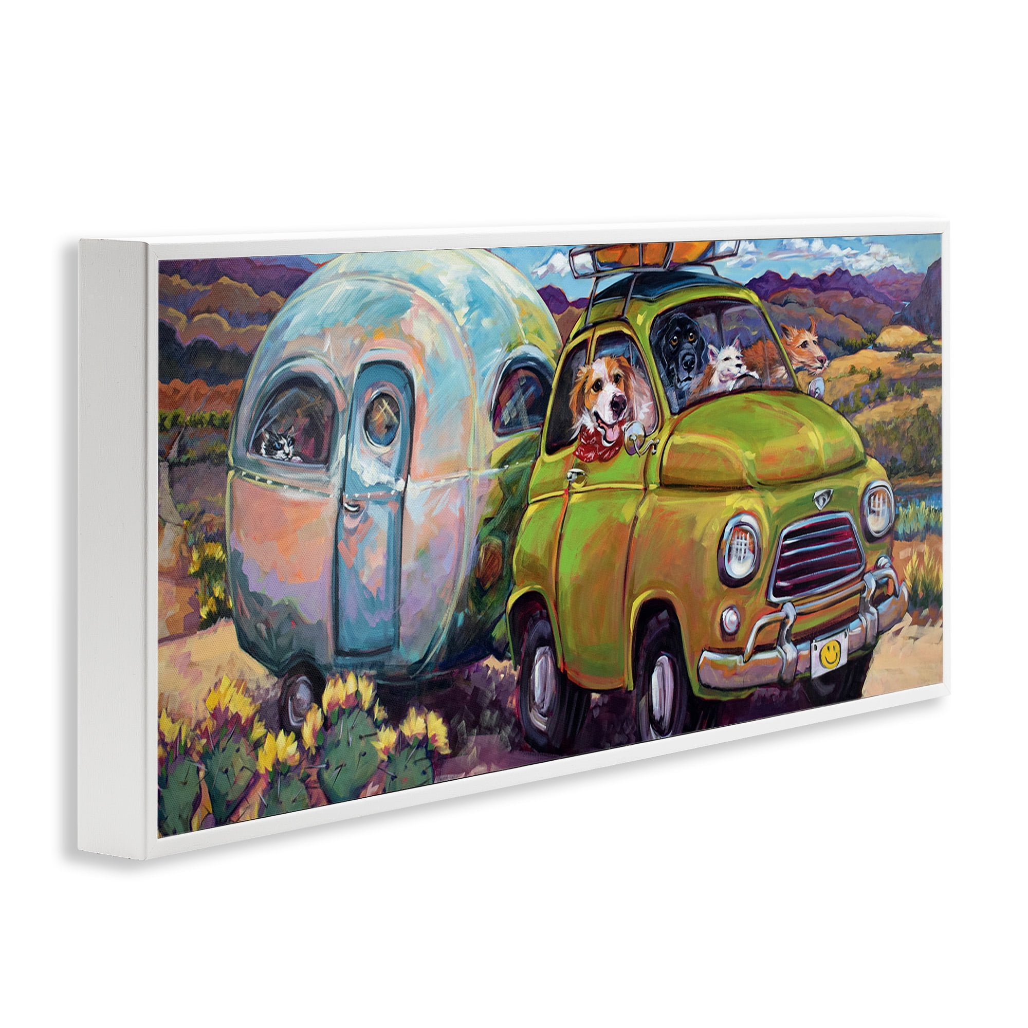 Stupell Industries Dogs Driving Camper Van Animals & Insects Painting White Framed Art Print Wall Art, 30 x 13