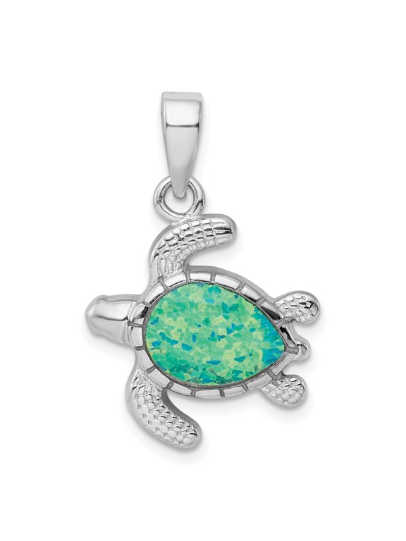 Sterling Silver Green Inlay Created Opal Turtle Pendant Charm