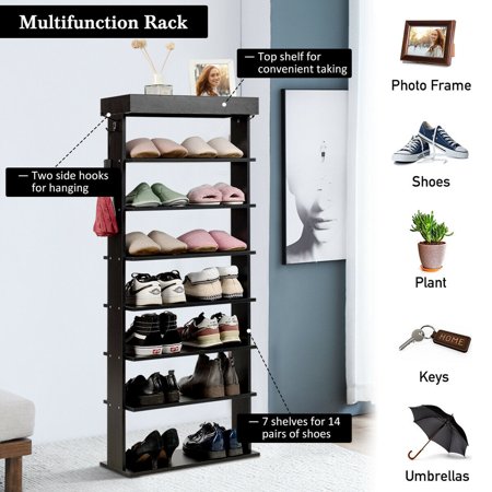 Gymax 7 Tier Shoe Rack Vertical Design Wooden Shoe Storage Shelf W Hooks Black Walmart Canada