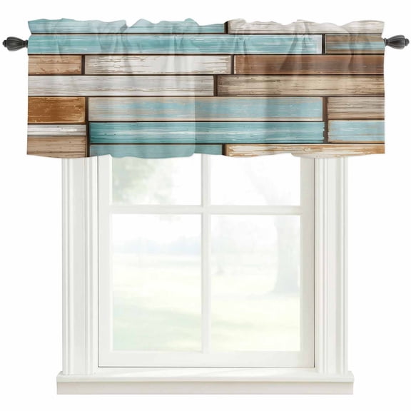 Blue Brown Vintage Rod Pocket Curtain Valance, Retro Farmhouse Elegant Pastoral Farmhouse Window Valance for Living Room, Bedroom, Kitchen 42"W x 12"L