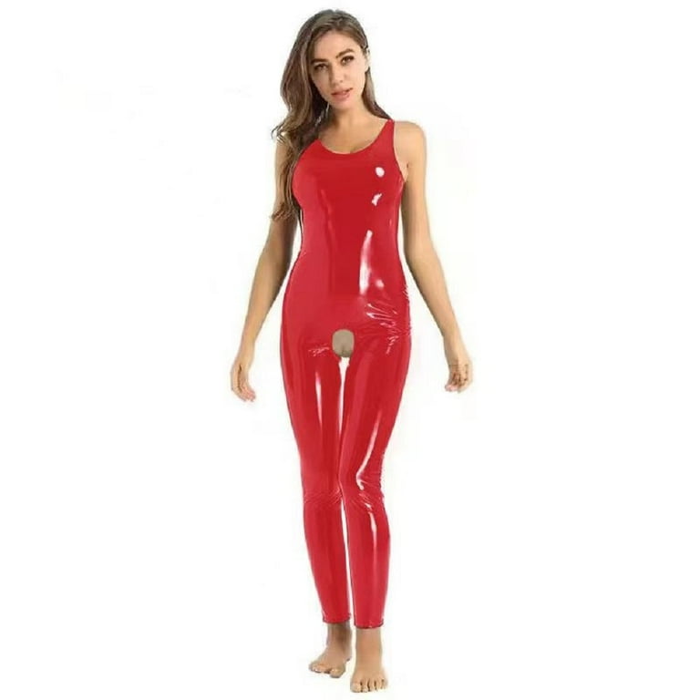 Women Sexy Leather Jumpsuit, Sexy Open Crotch, Glossy PVC Leather