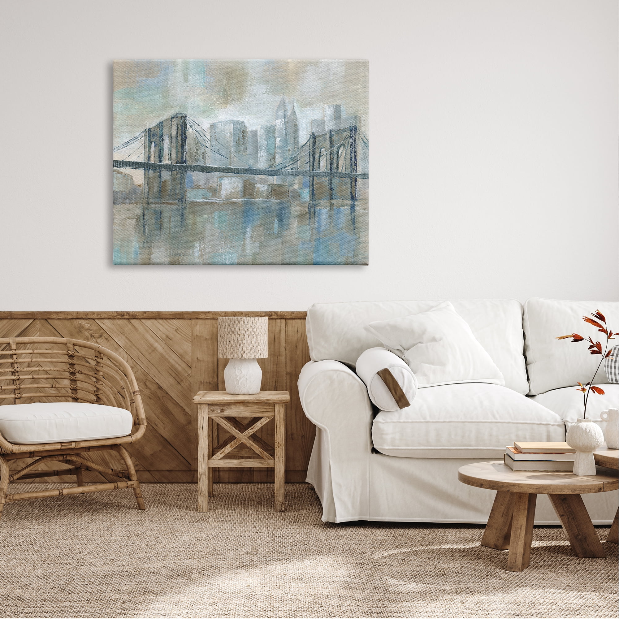 Stupell Industries Ocean Water Bridge Reflection Abstract Blocked Cityscape Modern Painting Gallery-Wrapped Canvas Print Wall Art, 48 x 36, Design by Nan