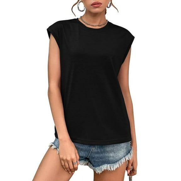 Inadays Womens Summer Tops 2023 Crew Neck T Shirts Cap Sleeve Blouses Summer Solid Color Basic Tops Casual Loose Fitting Tee, Black, M