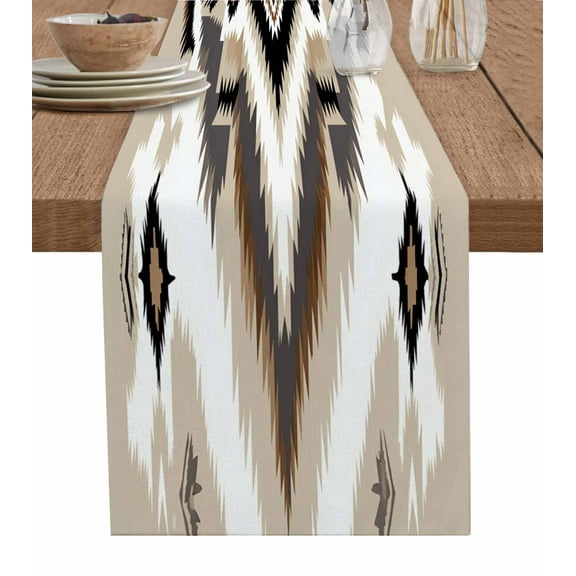 Black Brown White Aztec Table Runner-Cotton Linen- 72 Inch Holiday Dresser Scarves, Southwest Geometric Ethnic Boho Tablerunner for Kitchen Coffee/Dining Bedroom Living Room Dinner Scarf Décor 13x72