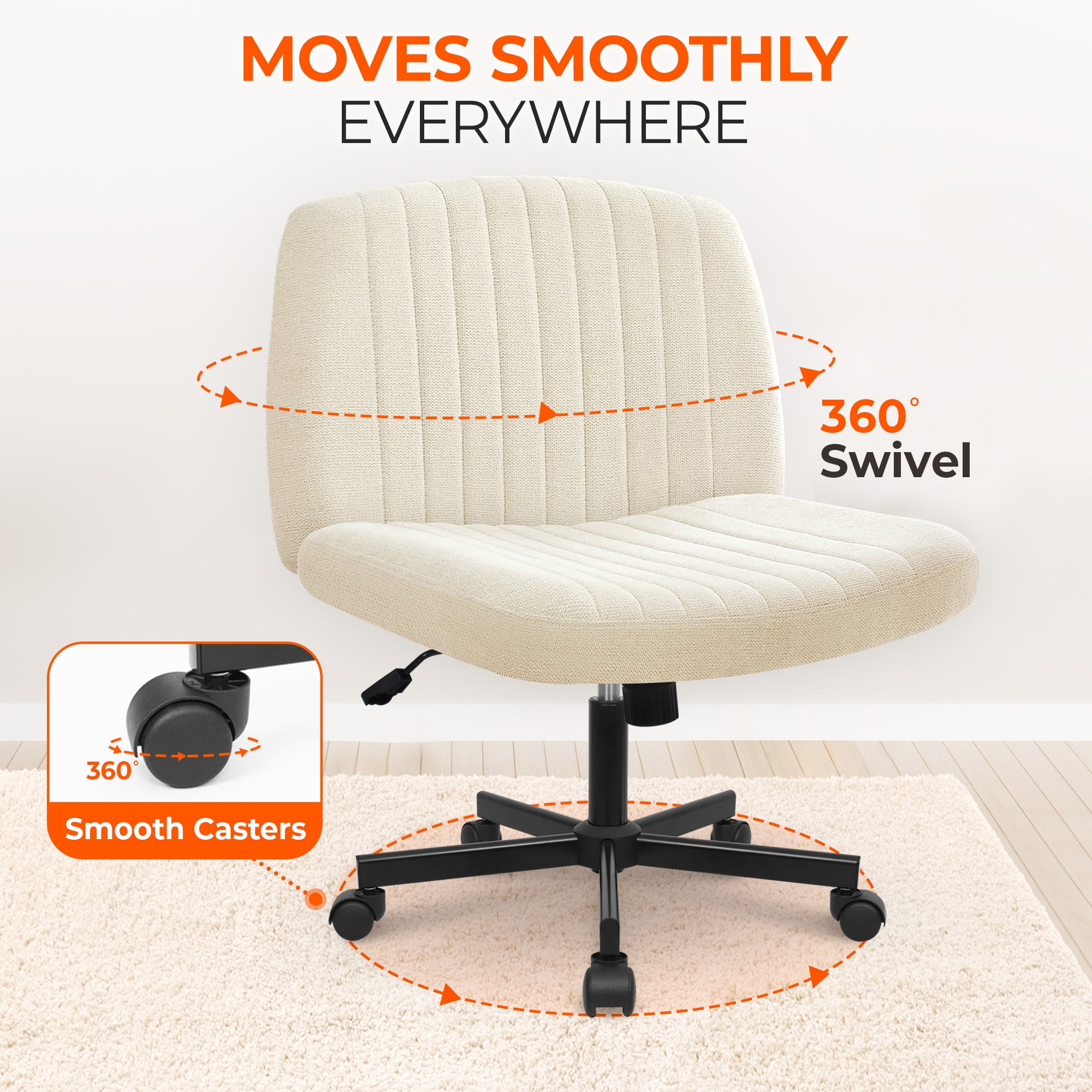 Orange Factory Criss Cross Chair Wheels Wide Cross Legged Office Desk Vanity Chair Comfy Fabric Armless Adjustable Swivel for Home Computer Task (Beige Wheel, Fabric)