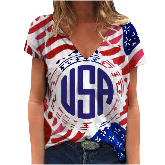 Moda mujer manga corta cuello en V bandera impresa Casual camiseta Tops blusa Pompotops hkajfhjk465536