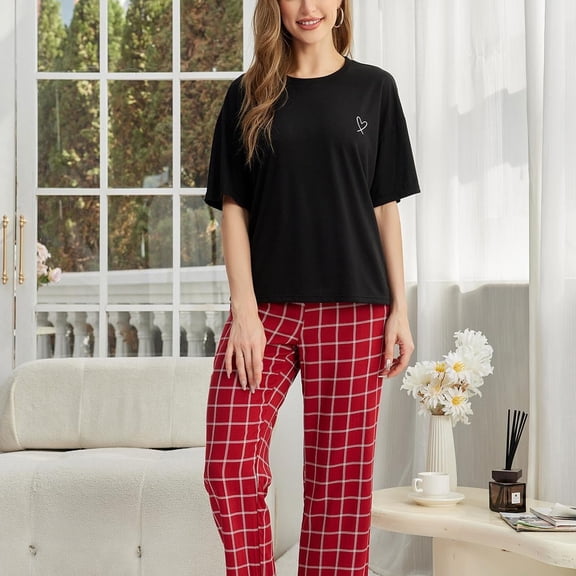Red Pajamas Sets for Women 2 Piece Lounge Set Sleepwear Round Neck Short Sleeve Top & Plaid Pants