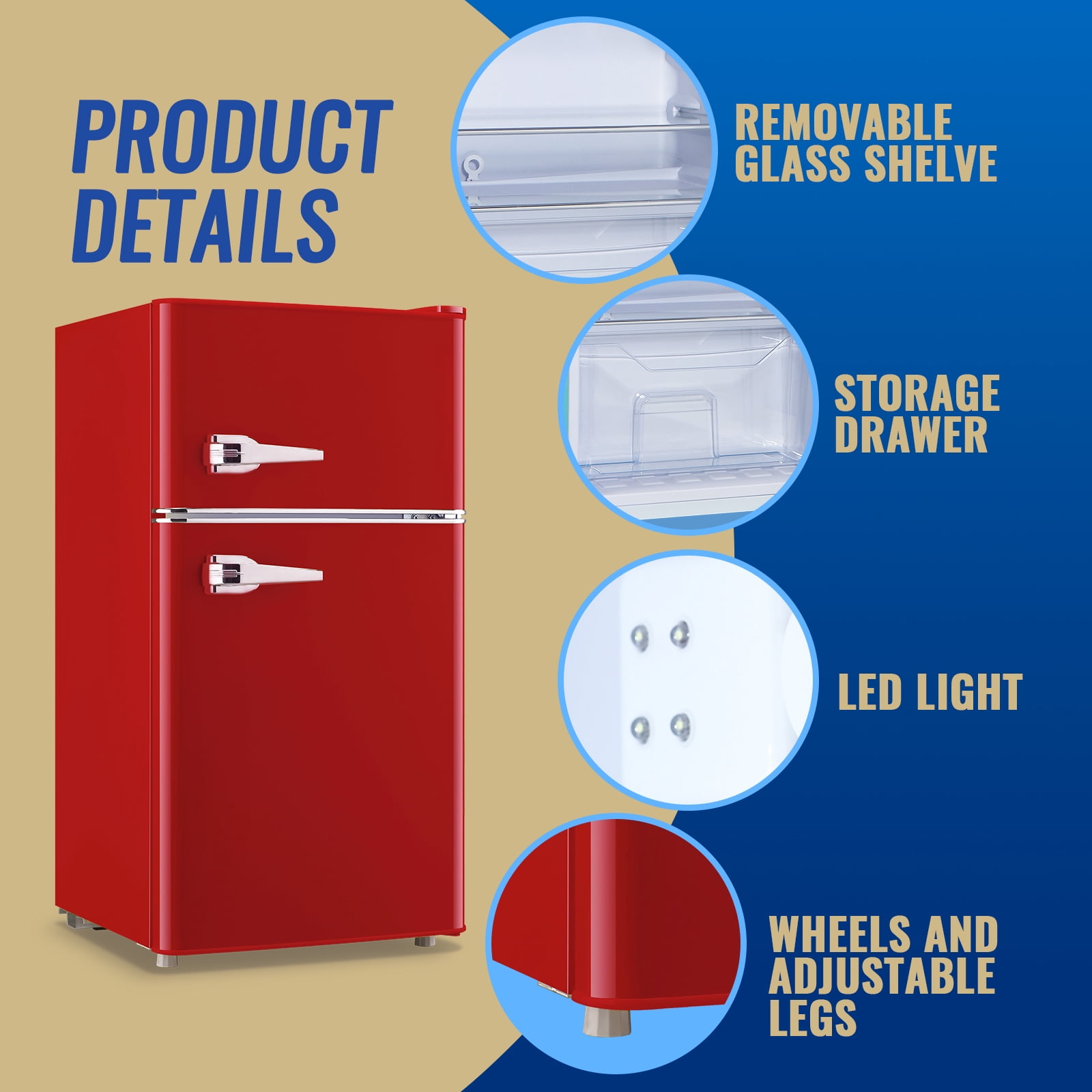 Tacool 3.5 Cu.ft Retro Mini Fridge with Freezer, 2 Door Small Refrigerator with 7 Adjustable Thermostat for Home, Red