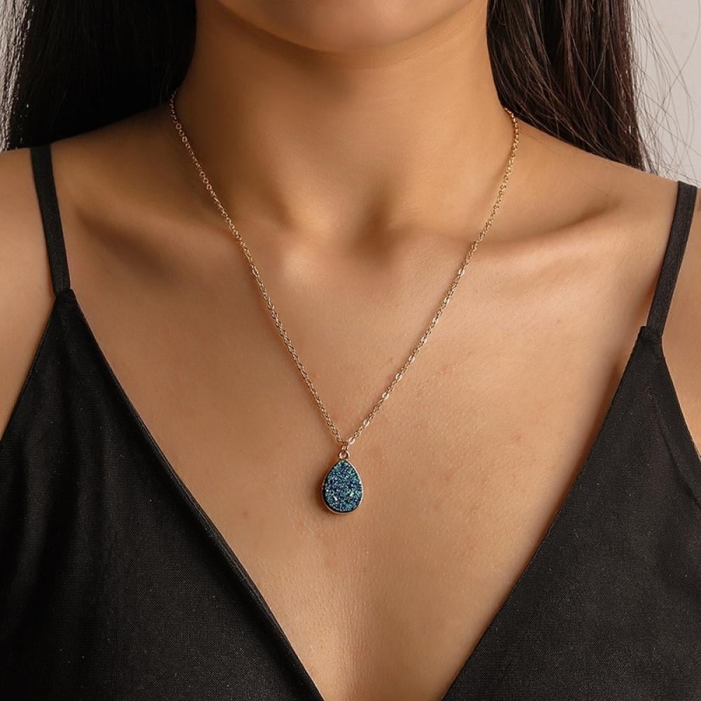 Women Crystal Water Drop Birthstone Natural Stone Pendant Charm Necklace Chain 