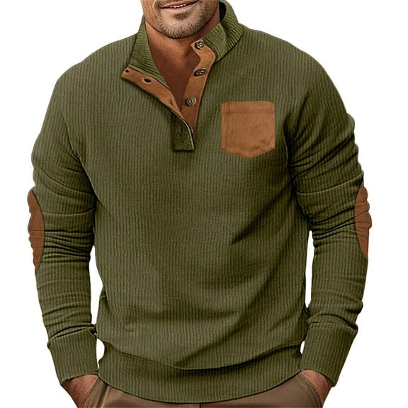 Gephdiin Long Sleeve Shirts for Men Men's T-Shirts Classic Long Sleeved Collar T Shirt Button Down Shirt Pocket T Shirt Mens Long Sleeve Tee Shirts Graphic Tees Men Corduroy Army Green L