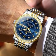 Men's Luxury Watch 42mm Quartz Blue DialDiamond Bezel Two-Tone Stainless SteelLuminous Date Day Business DressWristwatch for Men