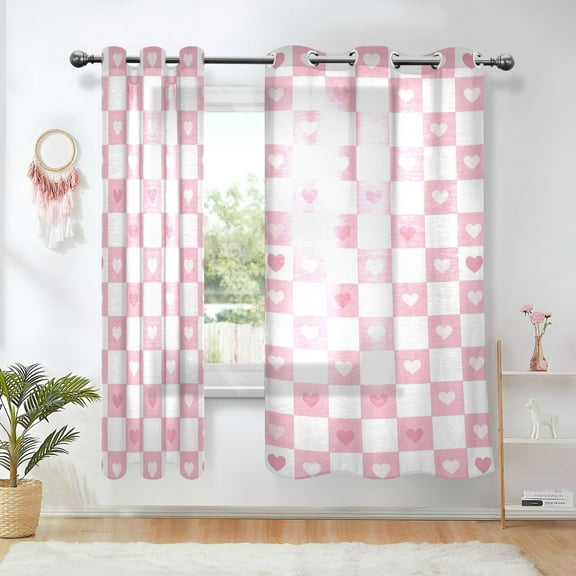 Yayeee Window Curtains Set of 2 for Living Room Light Filtering 63"x42", Pink Checkered Heart