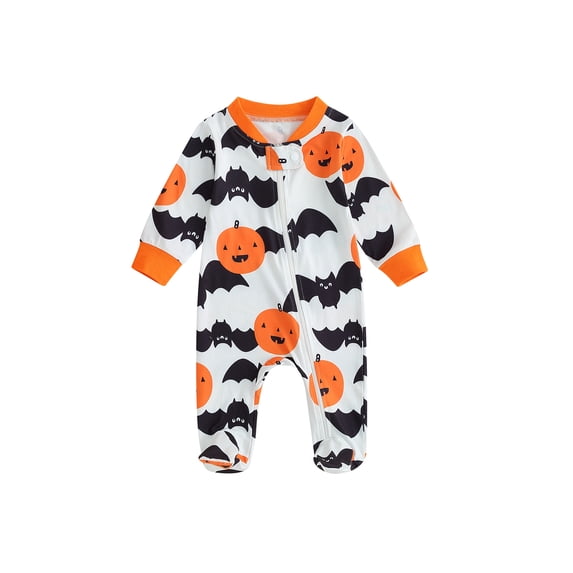 Newborn Baby Girl Boys Halloween Jumpsuit Pumpkin Print Long Sleeve Bodysuit fant Zipped One Piece Romper