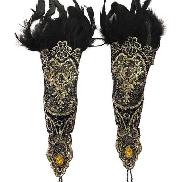 Guantes de encaje de plumas vintage para mujer, muñequeras góticas Steampunk, guantes con cordones, para fiesta, baile de noche, accesorios de jinwen guantes sin dedos de encaje