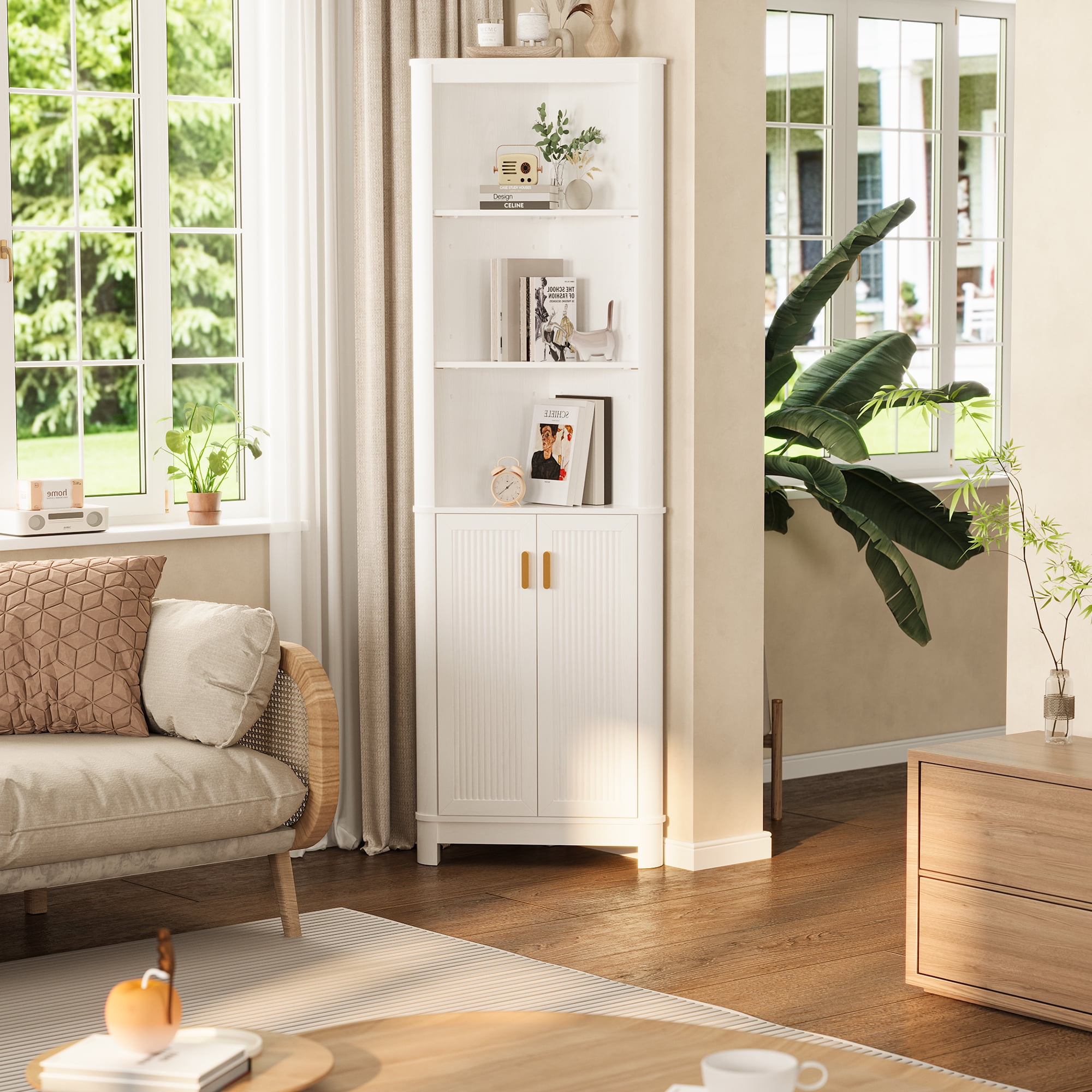 68" Tall Fluted Corner Cabinet for Bathroom, Modern Living Room & Kitchen - 5 Adjustable Shelves, Space-Saving Storage, Curved Profile Design White