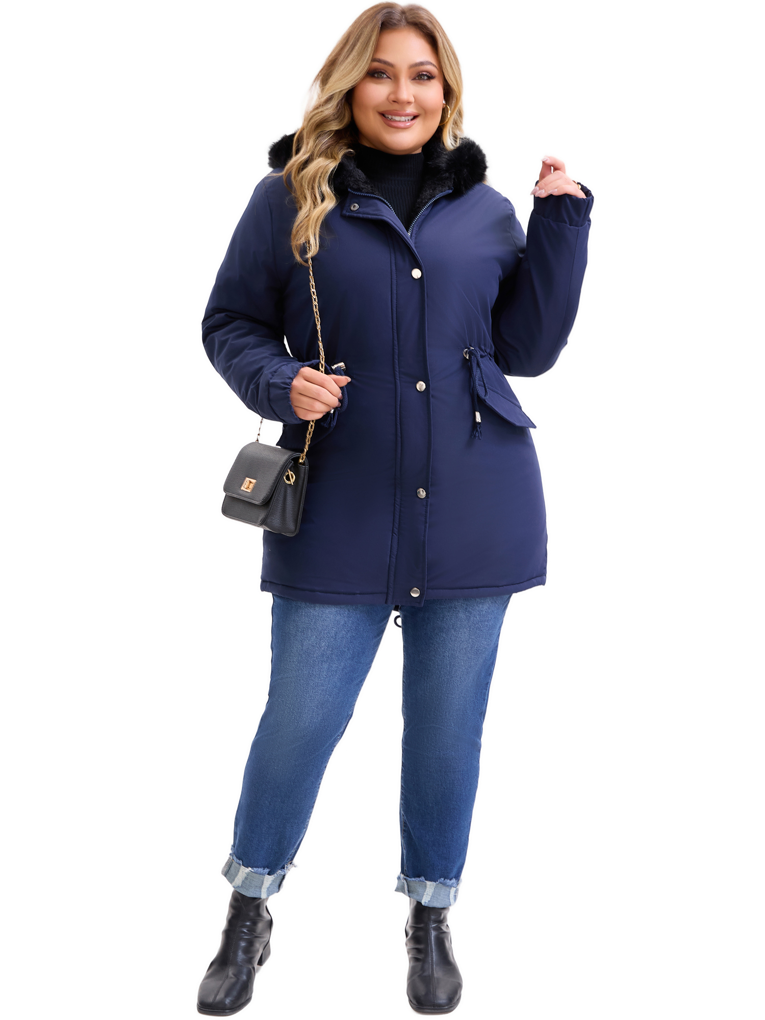 DARING DIVA Women's Plus Parka Jacket Fleece Lined Zipper Coat Navy Blue 1X