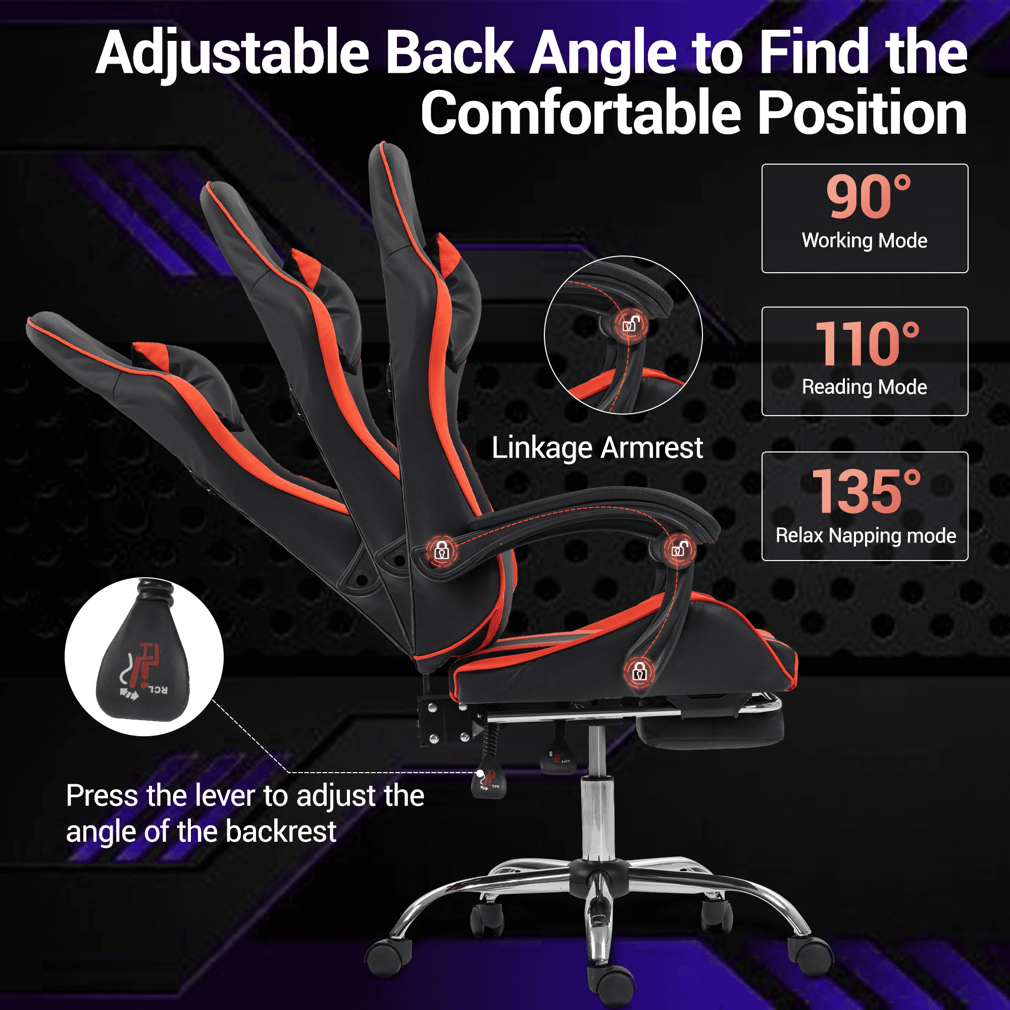 WENTUM Gaming Chair with Massage Lumbar Support - Ergonomic Video Game Chair for Adults, Adjustable Headrest & Footrest, 90-135° Recline, 360° Swivel, Red