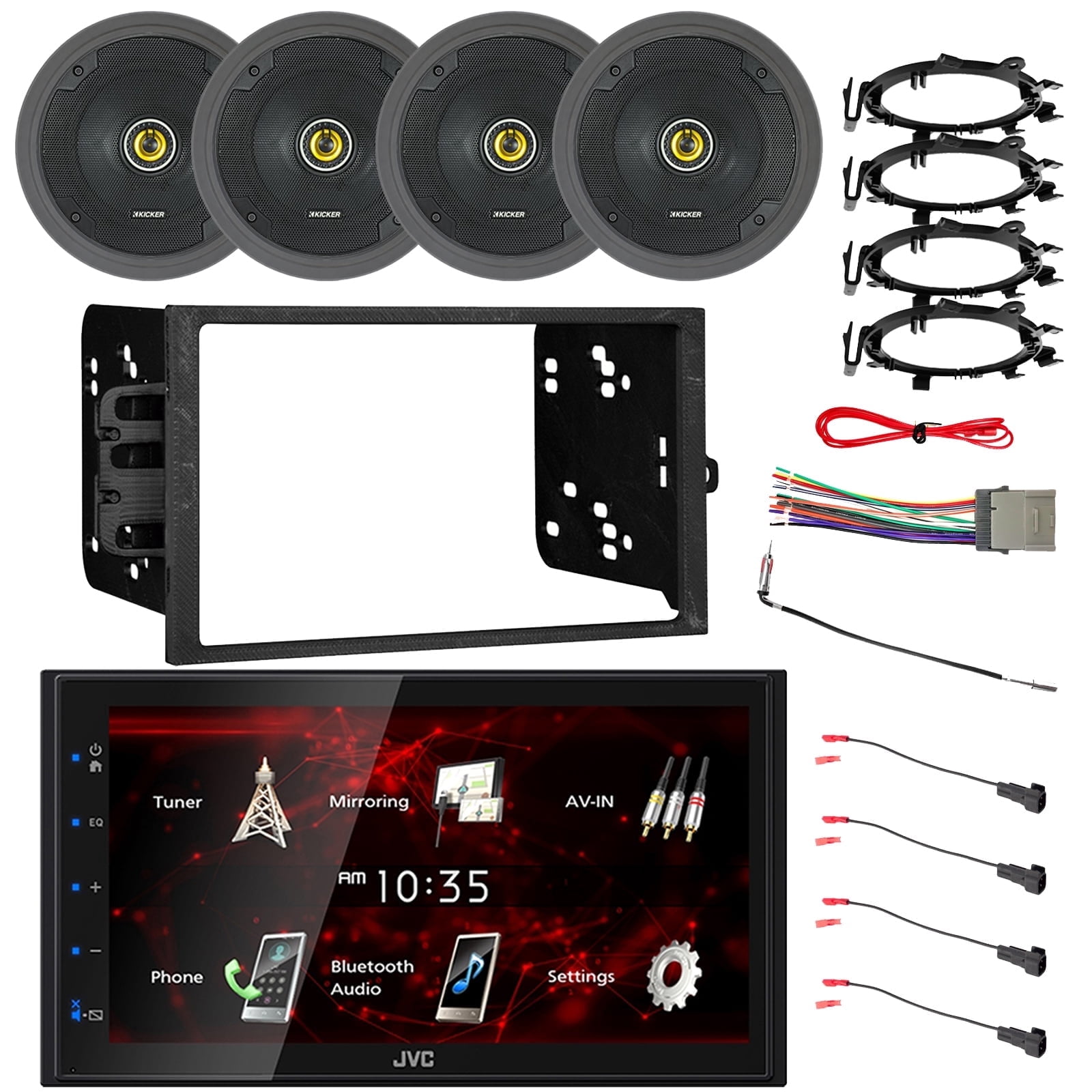 JVC KW-M180BT Double DIN Bluetooth USB Digital Multimedia Stereo Receiver w/Install Kit, 4x 6.5" 300W Max 2-Way Speakers w/Adapters + Wire Harness, Wiring Harness, Antenna Adapter, Speaker Baffle