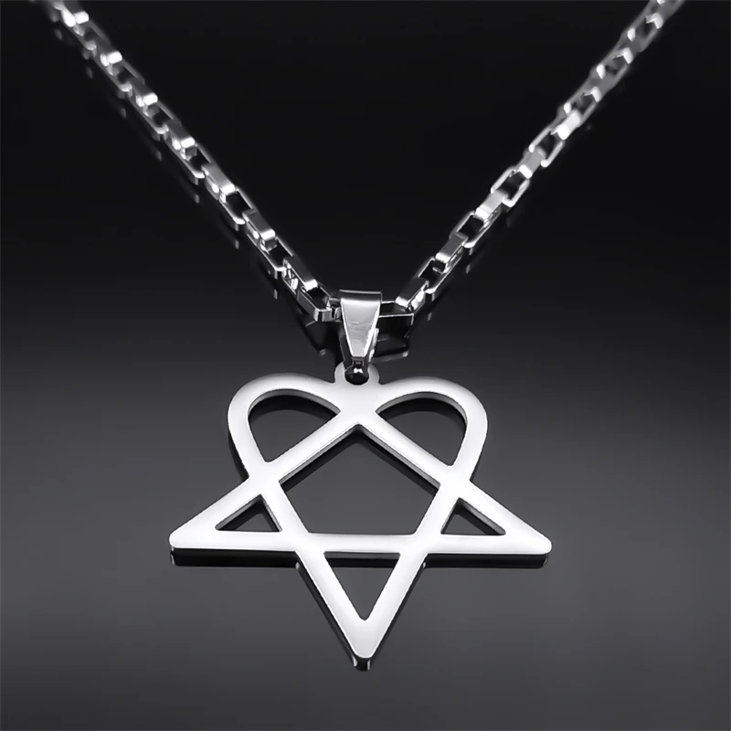 Hip Hop Rock Music Him Heartagram Star Heart Necklace for Women Men 14K White Gold Y2k Black Band Goth Punk Chain Jewelry