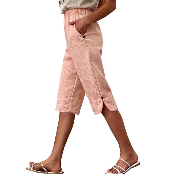 Women Casual Lightweight Capri Pants Drawstring Elastic Waist Loose Fit Knee Length Pants Summer Pull on Casual Trousers with Pockets
