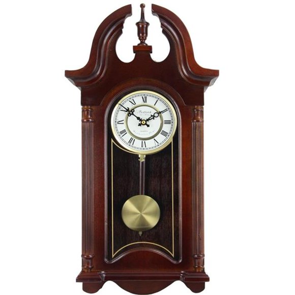 Bedford Clock Collection BED-1915 26.5 in. Colonial Mahogany Cherry Chiming Wall Clock with Roman Numerals, Oak Finish