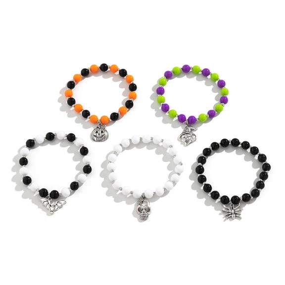 Fogun 5Pcs Halloween Pumpkin Skull Bat Pendant Bracelets Set for Women Colorful Beaded Handchain Bracelets Party Jewelry