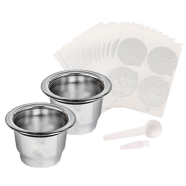 Cápsulas de espresso reutilizables Cápsulas de café recargables Tazas de acero inoxidable Filtros compatibles con máquinas de la línea Nespre con sellos de papel de aluminio Etiquetas Tapas, tazas +