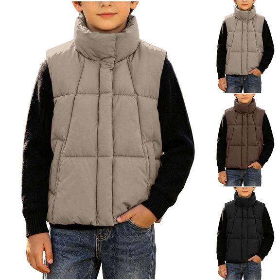 Boys Stand Collar Vest, Sleeveless Zip‑Up Quilted Warm Padded Gilet with Pockets, Lightweight Outerwear Sleeveless Jacket