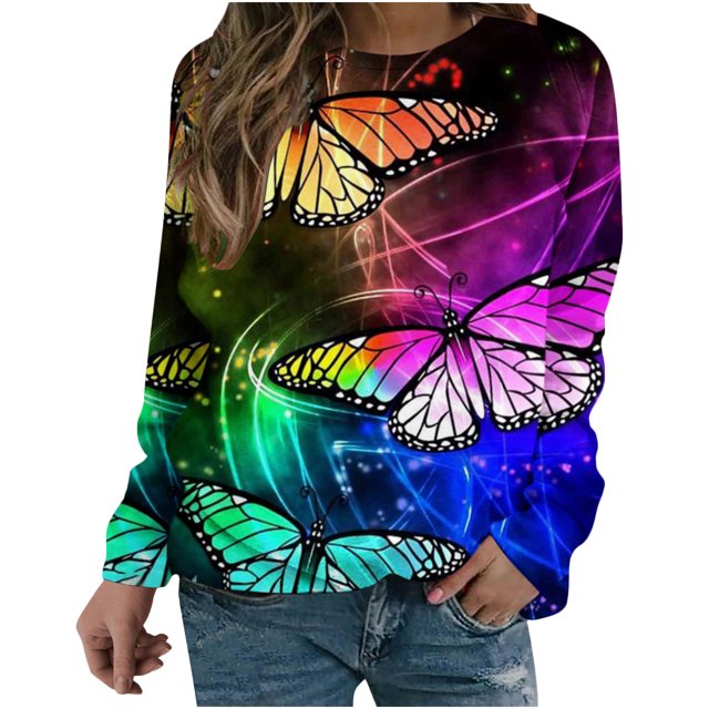 Camisas informales de manga larga para mujer, jersey con estampado de mariposa, Tops, jersey de cuello redondo, túnica holgada con estampado de puesta de sol Pompotops gfhjh17469