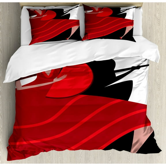 Spanish Duvet Cover Set Queen Size, Baile Flamenco Dancing Woman Silhouette of Guitarist Man on the Background, Decorative 3 Piece Bedding Set with 2 Pillow Shams, Red Vermilion Black, by Ambesonne