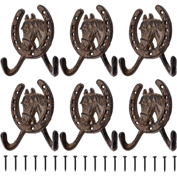 6 Pack Cast Iron Coat Hooks, Rustic Double Wall Hooks, Horse Head Horseshoe Hook, Wall Mounted Farmhouse Coat Hangers for Towels, Hats, Keys, Bags, Caps
