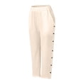 thumbnail image 2 of Chroia Women Summer Beach Linen Pants, Elastic Side Button Straight Leg Casual Long Trousers, 2 of 4