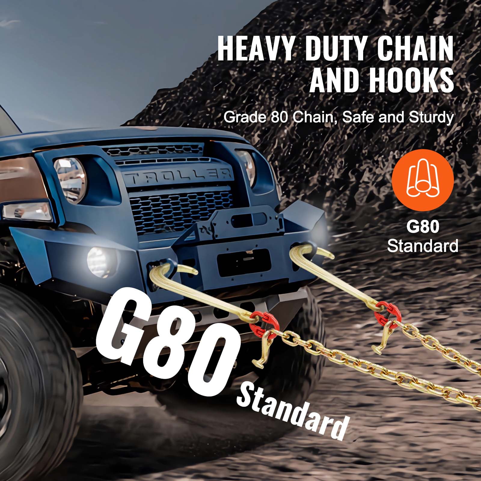 KFFKFF G80 V Bridle Chain, 3/8" x 2' with 15" J Hooks, T Hooks & Grab Hooks, Durable Tow Chain Bridle for Flatbed Truck Wrecker Recovery, 7800 lbs Safe Working Load