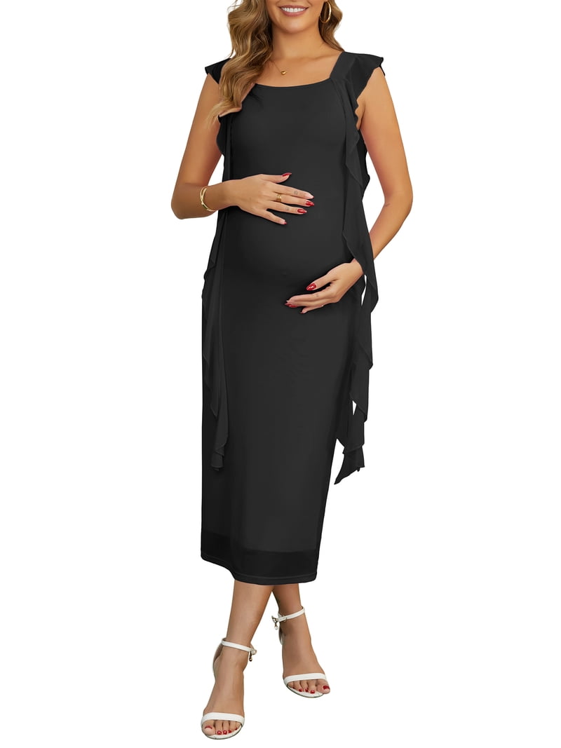 black maternity dress for wedding NWT Black Square Neck Long Sleeve Midi Maternity Dress