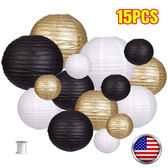 Black Gold Ivory White Paper Lanterns 15 Pcs  Chinese Round Paper Hanging Decorations Lanterns Lamps for Home Decorations, Parties