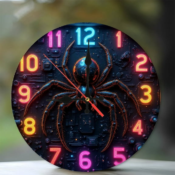 Giant Black Spider Wall Clock with LED Numbers 10-Inch Silent Wooden Wall Clock, Battery Operated (AA Batteries Not Included), Artistic Home Decor