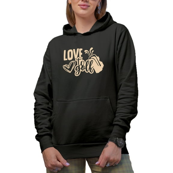 Love to Golf Quote with a Heart & Clubs in a Bag, Golf Player, Golfing or Golfer Themed Merch Gift, Black Hooded Sweatshirt or Hoodie, Small