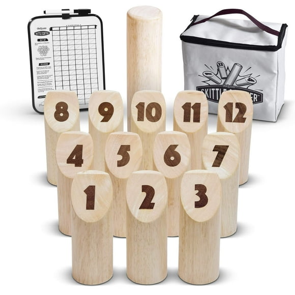 GoSports Jeu de Lancer de Blocs Numérotés Skittle Scatter avec Tableau de Score et Sac Fourre-Tout Jeu Extérieur Amusant pour Tous Âges