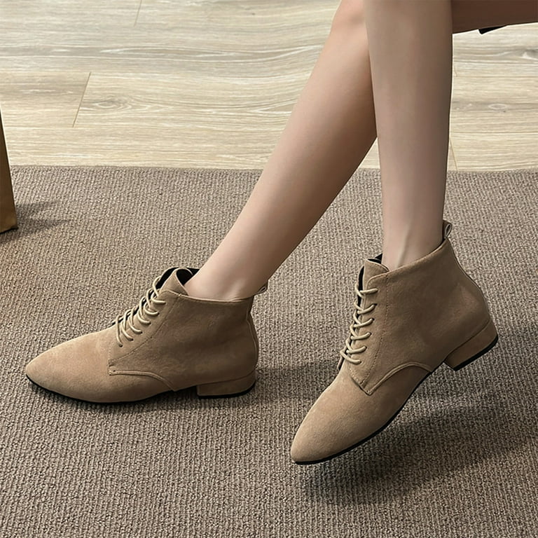 Lovskoo 2024 Dressy Ankle Boots for Womenfaux Suede Wedding Dress Shoes Pointed Toe Lace Up Flat Base Comfortable Suede Hidden Flat Base Booties Khaki